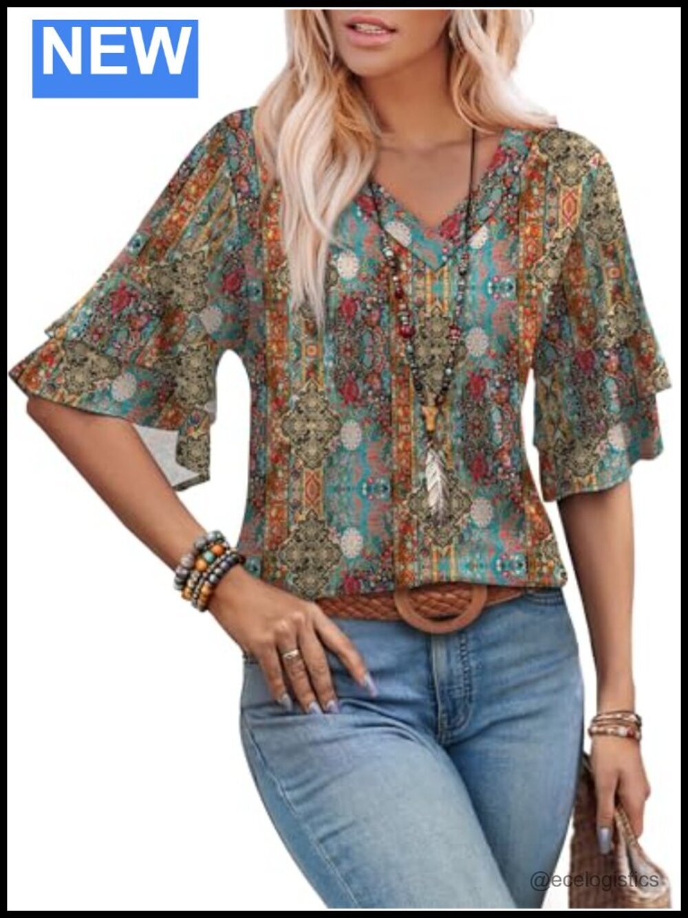 Boho 3/4 Length Sleeve Blouse Dressy Casual Summer Top